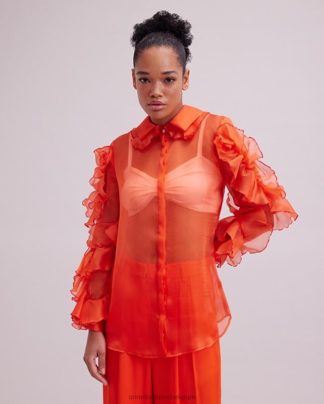 Anne Fontaine vrouwen linor overhemd transparant zijden organza overhemd met ruchemouwen kleding oranje 06TRT148