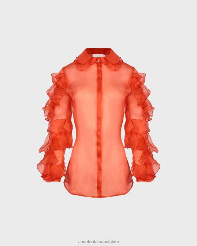 Anne Fontaine vrouwen linor overhemd transparant zijden organza overhemd met ruchemouwen kleding oranje 06TRT148