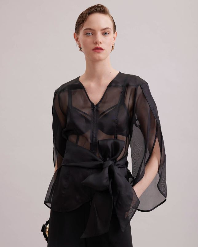 Anne Fontaine vrouwen luxe blouse doorschijnende blouse met lange mouwen en bloemmouwen kleding zwart 06TRT189