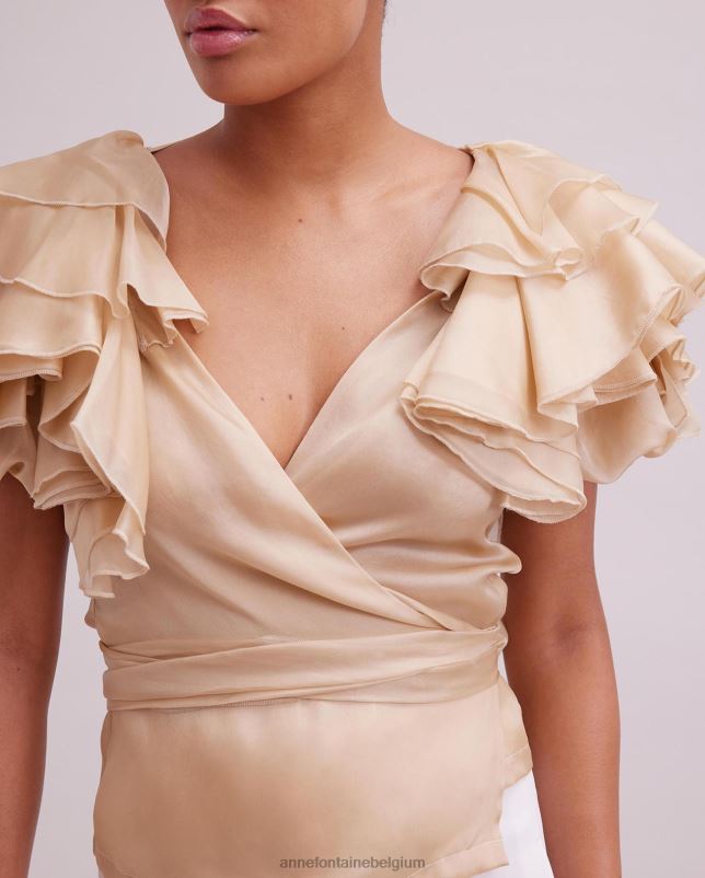 Anne Fontaine vrouwen luz blouse zijden organza wikkelblouse met gelaagde ruchemouwen kleding beige 06TRT173