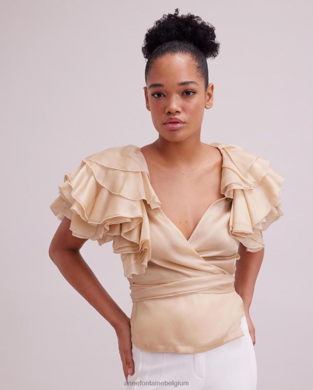 Anne Fontaine vrouwen luz blouse zijden organza wikkelblouse met gelaagde ruchemouwen kleding beige 06TRT173