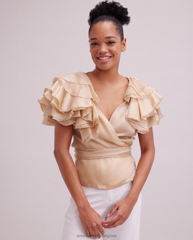 Anne Fontaine vrouwen luz blouse zijden organza wikkelblouse met gelaagde ruchemouwen kleding beige 06TRT173