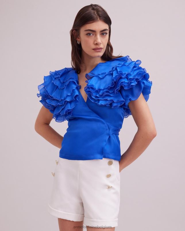 Anne Fontaine vrouwen luz blouse zijden organza wikkelblouse met gelaagde ruchemouwen kleding blauw 06TRT160