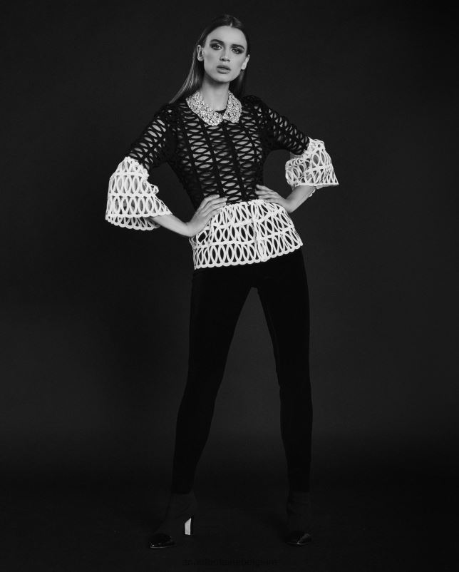 Anne Fontaine vrouwen mayoko blouse geometrische peplum netblouse kleding zwart wit 06TRT197