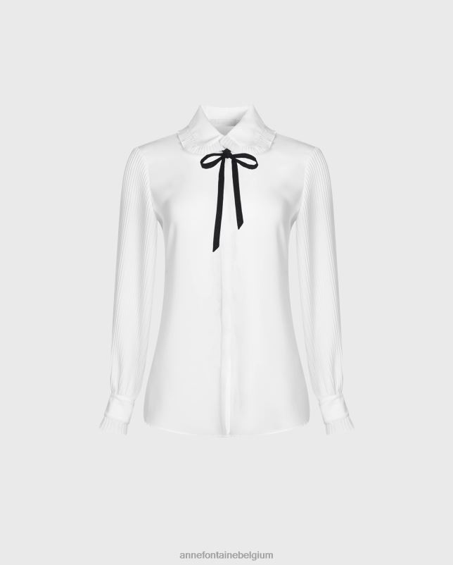 Anne Fontaine vrouwen nini shirt zwierig overhemd van crêpe met ronde mini-plooikraag en afneembare stropdas kleding zwart wit 06TRT220