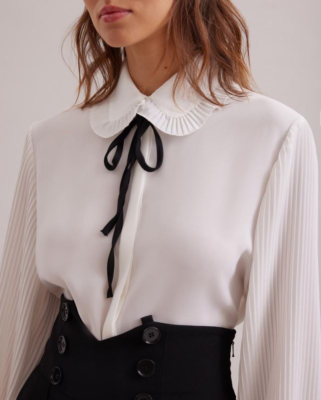 Anne Fontaine vrouwen nini shirt zwierig overhemd van crêpe met ronde mini-plooikraag en afneembare stropdas kleding zwart wit 06TRT220