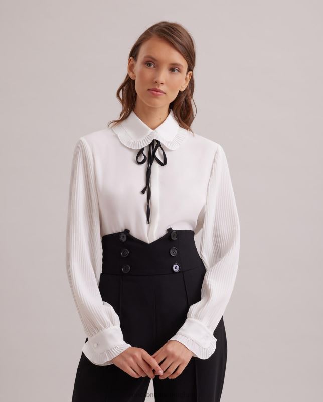 Anne Fontaine vrouwen nini shirt zwierig overhemd van crêpe met ronde mini-plooikraag en afneembare stropdas kleding zwart wit 06TRT220