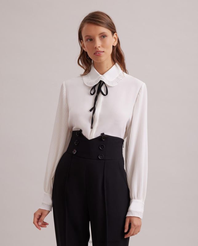 Anne Fontaine vrouwen nini shirt zwierig overhemd van crêpe met ronde mini-plooikraag en afneembare stropdas kleding zwart wit 06TRT220