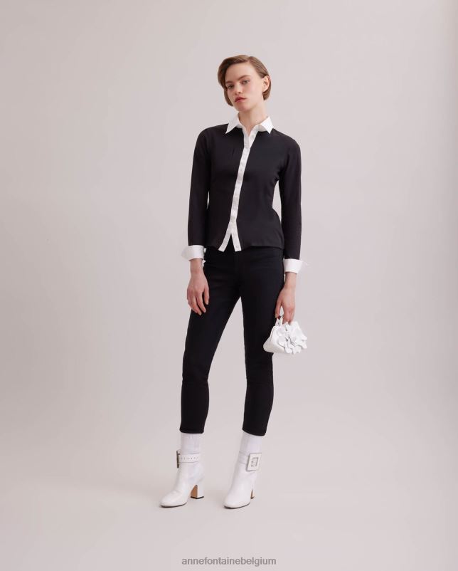Anne Fontaine vrouwen nuage overhemd jersey overhemd met lange mouwen en contrasterende kraag en manchetten kleding zwart wit 06TRT188