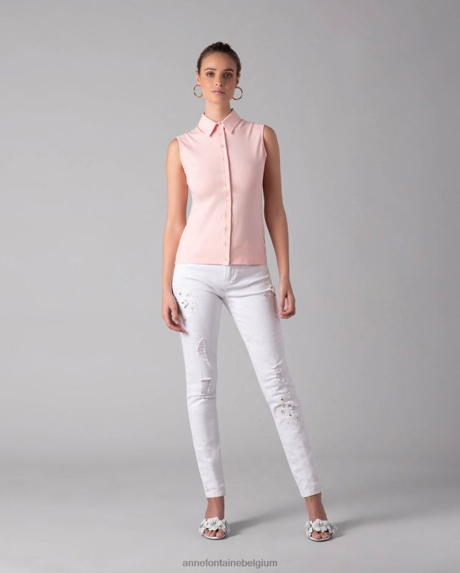 Anne Fontaine vrouwen nuage overhemd mouwloos jersey overhemd met knopen kleding bloemblaadje roze 06TRT211