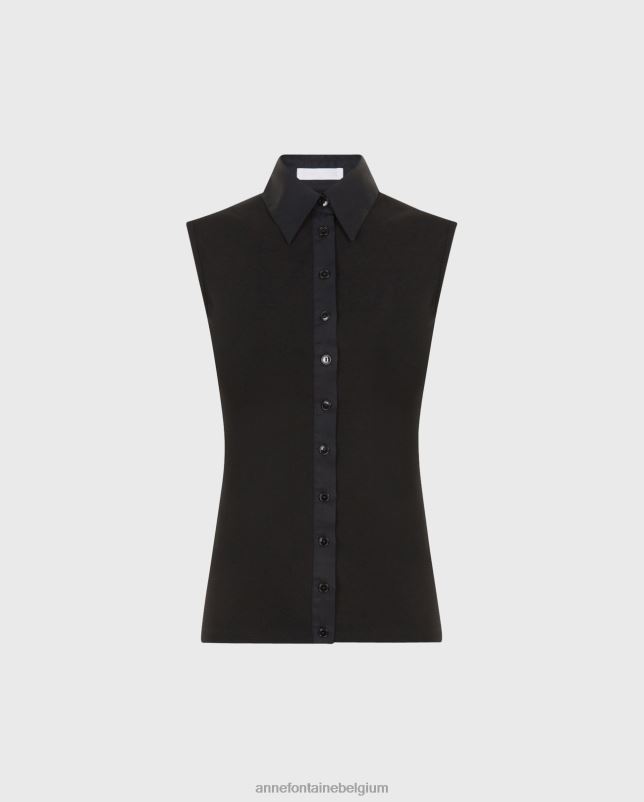 Anne Fontaine vrouwen nuage sm shirt mouwloos pima katoenen overhemd met kraag kleding zwart 06TRT140