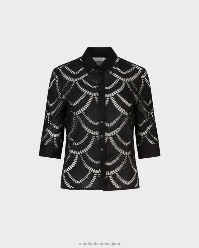 Anne Fontaine vrouwen peio shirt eyeletshirt met mouwen met Franse manchetten kleding zwart 06TRT180