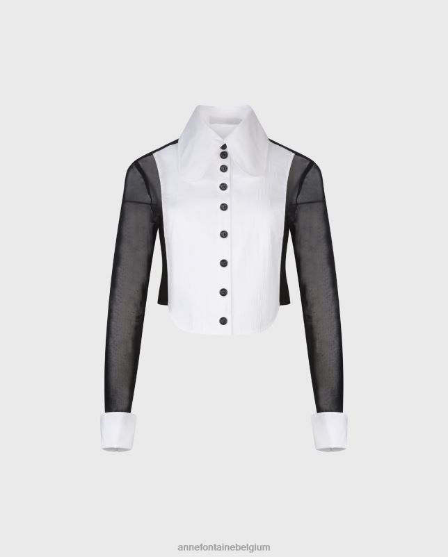 Anne Fontaine vrouwen pergame overhemd cropped smokingoverhemd met een afgeronde Zwitserse plissé voorkant en doorschijnende mouwen kleding zwart wit 06TRT217