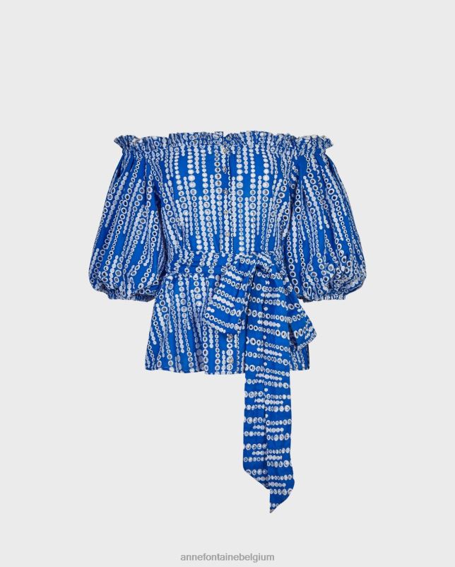 Anne Fontaine vrouwen picassien blouse en off-shoulder top met oogjes en strikceintuur in de taille kleding wit Blauw 06TRT138