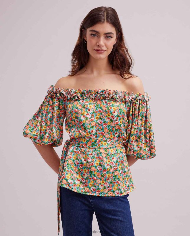 Anne Fontaine vrouwen r blouse off-shoulder blouse met allover veelkleurige mini-rozenprint kleding oranje 06TRT238