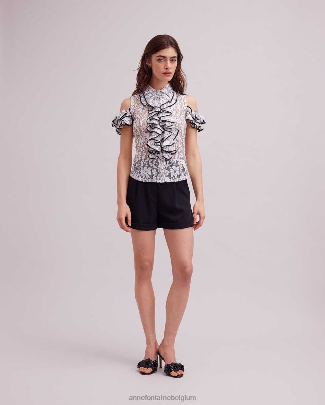 Anne Fontaine vrouwen roc shirt kanten schoudershirt met contrasterende bies en ruches kleding zwart wit 06TRT236