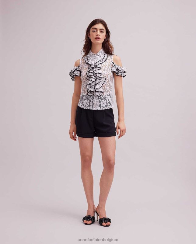 Anne Fontaine vrouwen roc shirt kanten schoudershirt met contrasterende bies en ruches kleding zwart wit 06TRT236