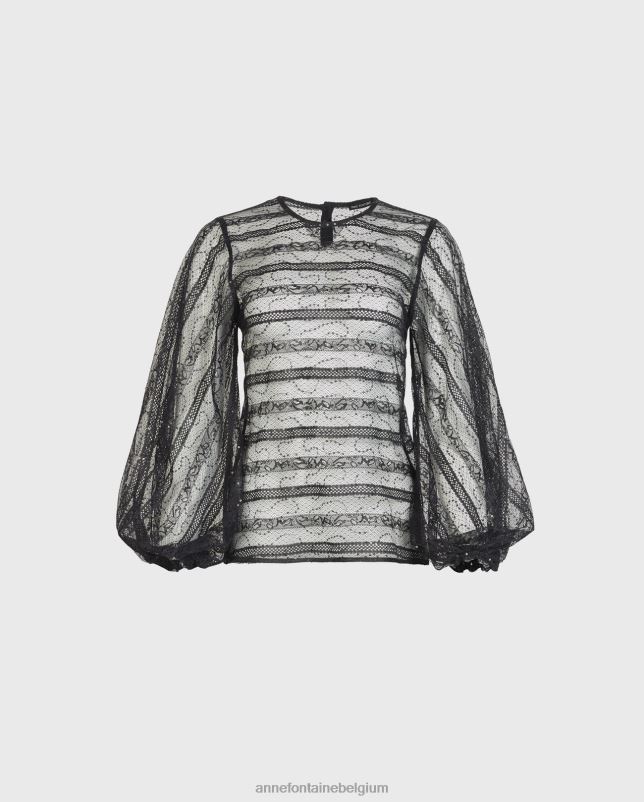 Anne Fontaine vrouwen romantische blouse blouse van transparant kant met een horizontaal traliedetail en tonale pailletten kleding zwart 06TRT215
