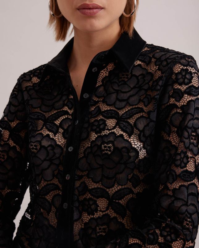 Anne Fontaine vrouwen salinger overhemd kanten overhemd met lange mouwen en fluwelen details kleding zwart 06TRT186