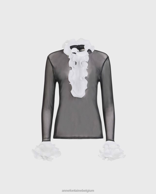 Anne Fontaine vrouwen schaduwblouse, transparant pullover-shirt met contrasterende geplooide ruches kleding wit 06TRT216