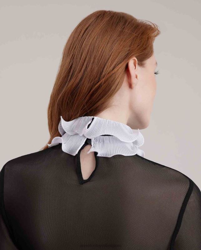 Anne Fontaine vrouwen schaduwblouse, transparant pullover-shirt met contrasterende geplooide ruches kleding wit 06TRT216