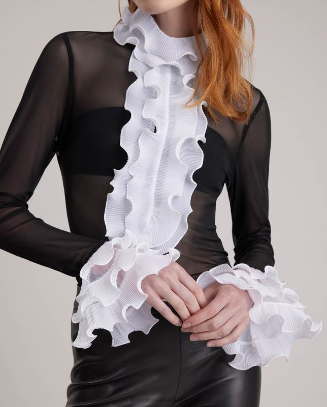 Anne Fontaine vrouwen schaduwblouse, transparant pullover-shirt met contrasterende geplooide ruches kleding wit 06TRT216