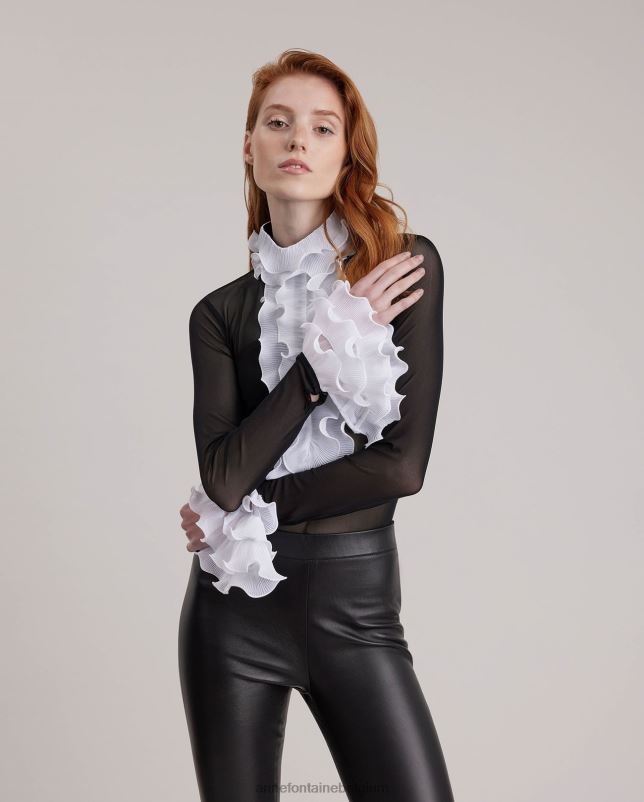 Anne Fontaine vrouwen schaduwblouse, transparant pullover-shirt met contrasterende geplooide ruches kleding wit 06TRT216