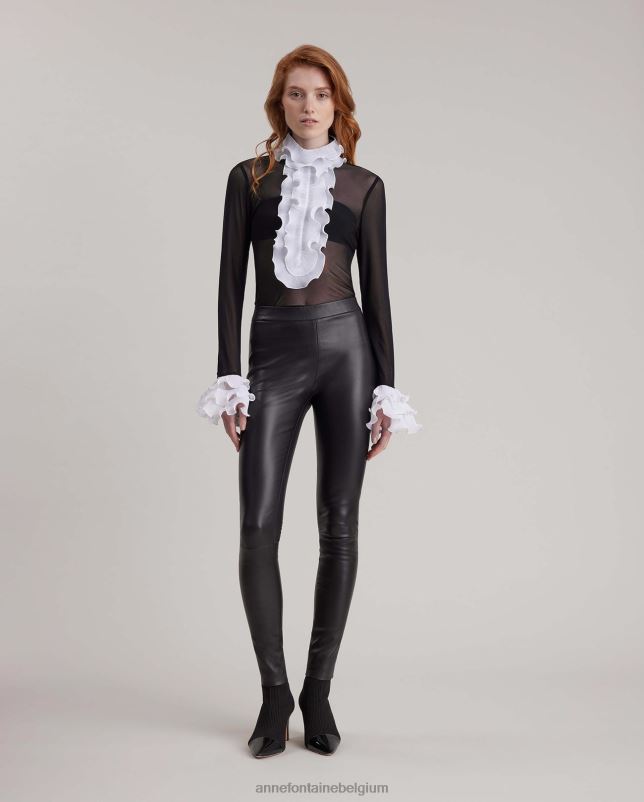 Anne Fontaine vrouwen schaduwblouse, transparant pullover-shirt met contrasterende geplooide ruches kleding wit 06TRT216