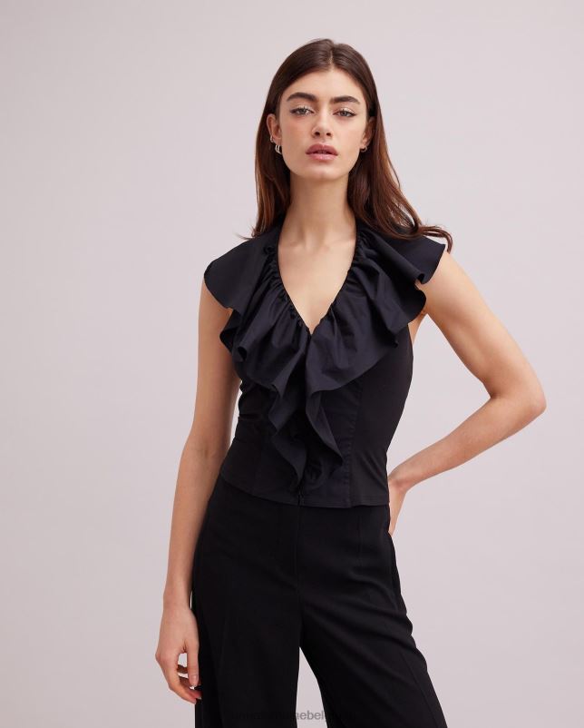 Anne Fontaine vrouwen vanes mouwloos poplin haltertopje met uitlopende ruches kleding zwart 06TRT152