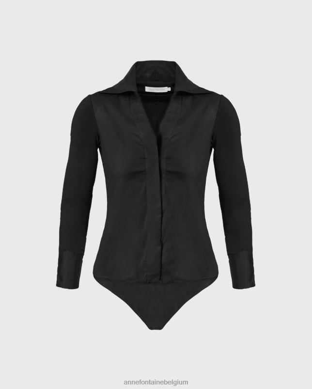 Anne Fontaine vrouwen verene bodysuit poplin en jersey bodysuit met grote puntkraag kleding zwart 06TRT230