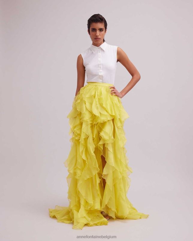 Anne Fontaine vrouwen Aanbiddingsrok, zijden organza, gelaagde maxirok met ruches en hoge split kleding geel 06TRT316