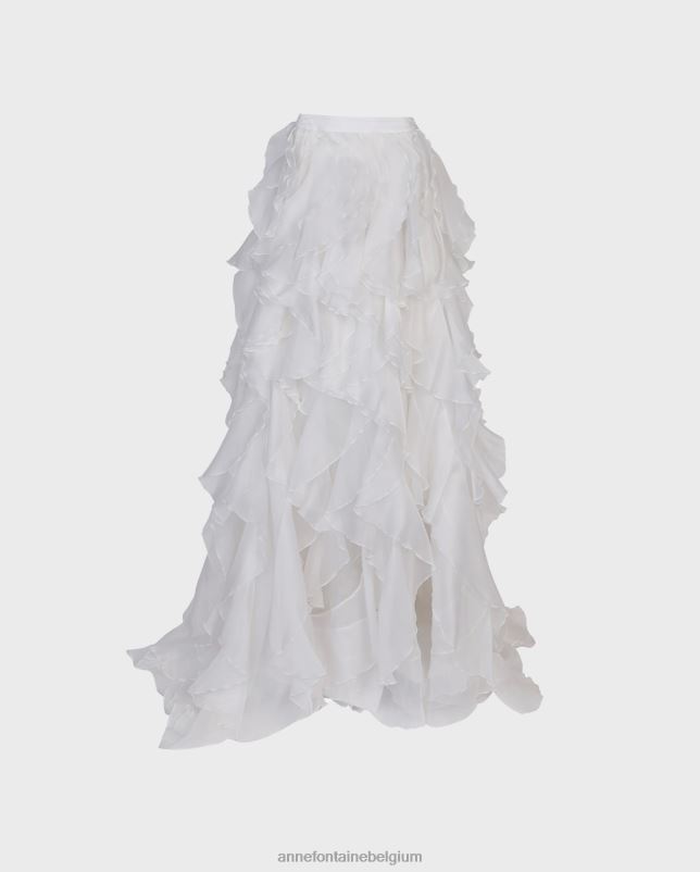 Anne Fontaine vrouwen Aanbiddingsrok, zijden organza, gelaagde maxirok met ruches en hoge split kleding wit 06TRT315