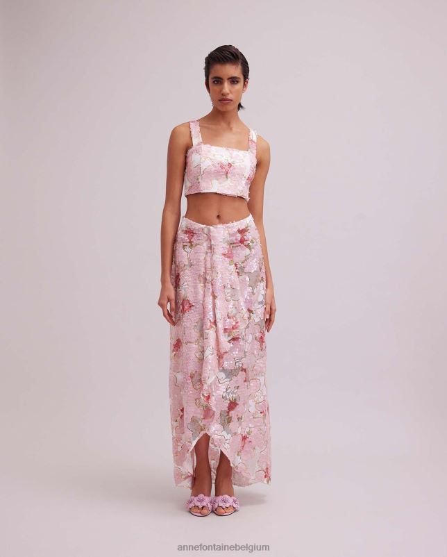 Anne Fontaine vrouwen anijsrok en paillettenrozenpatroon rok in sarongstijl met cascadingruffle kleding roze/goud 06TRT313