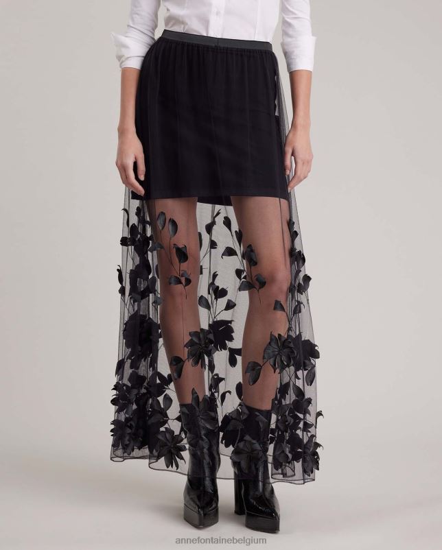 Anne Fontaine vrouwen enid rok tule rok met geborduurde bloemen kleding zwart 06TRT374