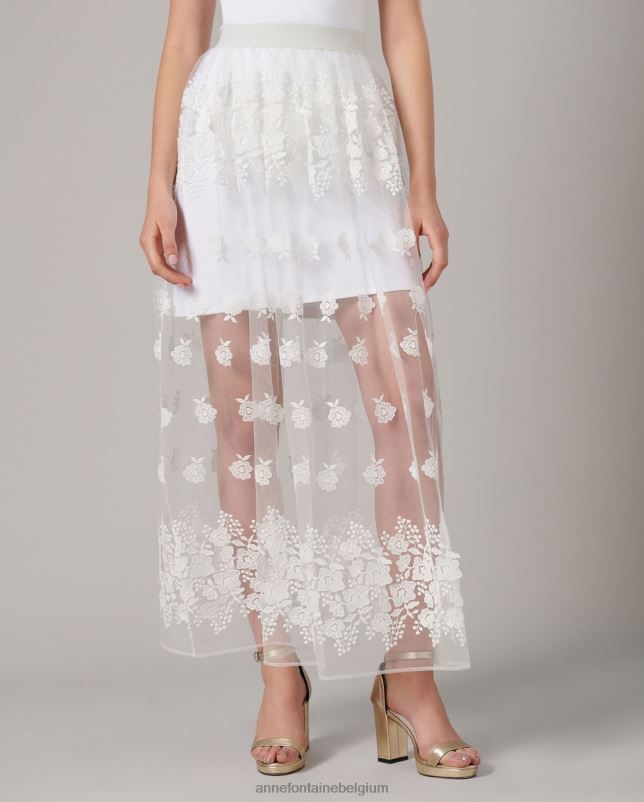 Anne Fontaine vrouwen geklede rok vloer-grazen tule rok met geborduurde bloemen kleding wit 06TRT354