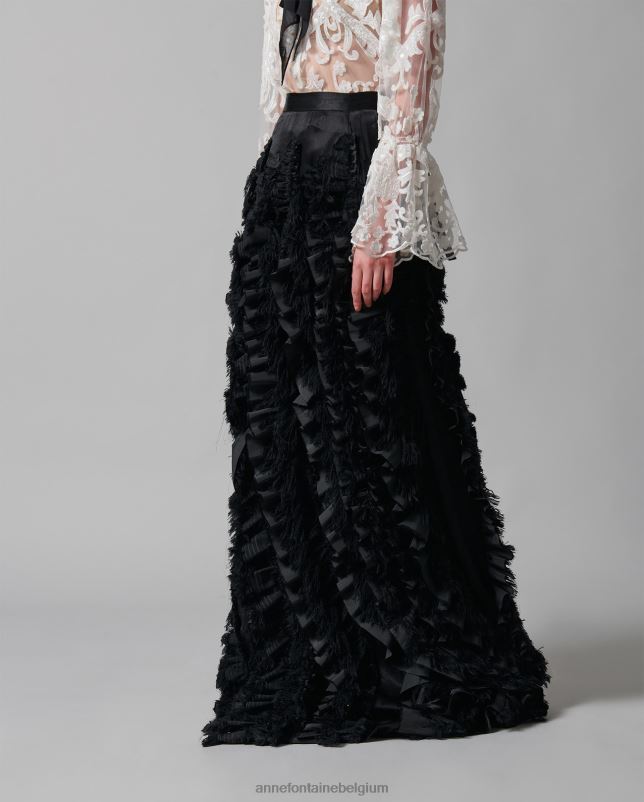 Anne Fontaine vrouwen lanielle rok ambachtelijk vervaardigde satijnen rok met verticaal vloeiende ruches kleding zwart 06TRT380