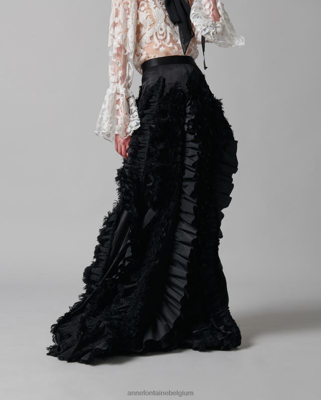 Anne Fontaine vrouwen lanielle rok ambachtelijk vervaardigde satijnen rok met verticaal vloeiende ruches kleding zwart 06TRT380