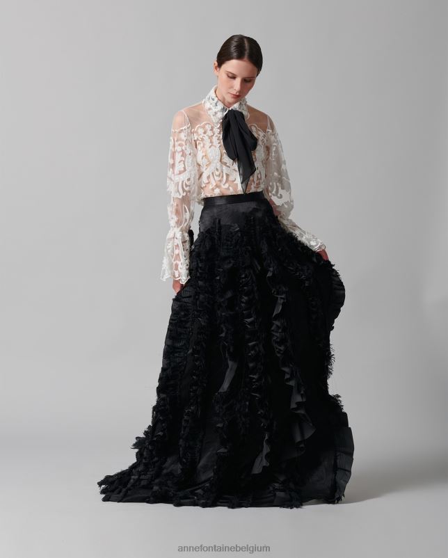 Anne Fontaine vrouwen lanielle rok ambachtelijk vervaardigde satijnen rok met verticaal vloeiende ruches kleding zwart 06TRT380