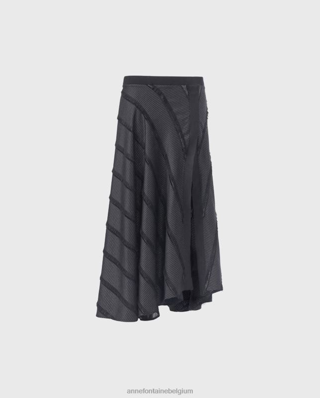 Anne Fontaine vrouwen locustelrok, ​​midi-lange jacquardrok met diagonale gelaagde franje kleding zwart 06TRT373