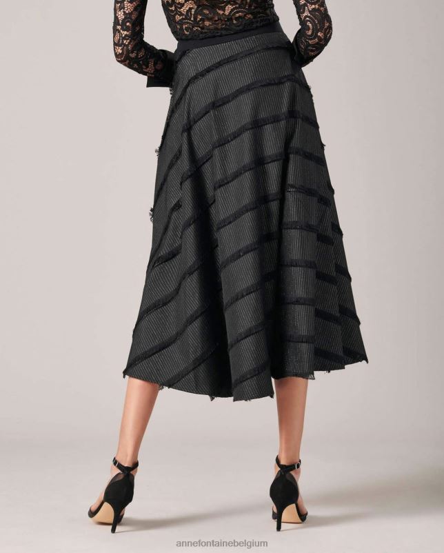 Anne Fontaine vrouwen locustelrok, ​​midi-lange jacquardrok met diagonale gelaagde franje kleding zwart 06TRT373