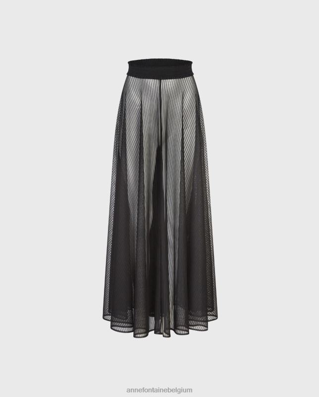 Anne Fontaine vrouwen lune rok, lange doorschijnende cirkelrok met elastische tailleband met ruches kleding zwart 06TRT370