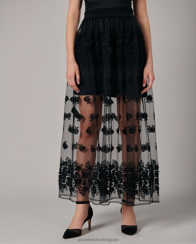 Anne Fontaine vrouwen paradis rok lange tule rokken met 3d bloemen kleding zwart 06TRT372