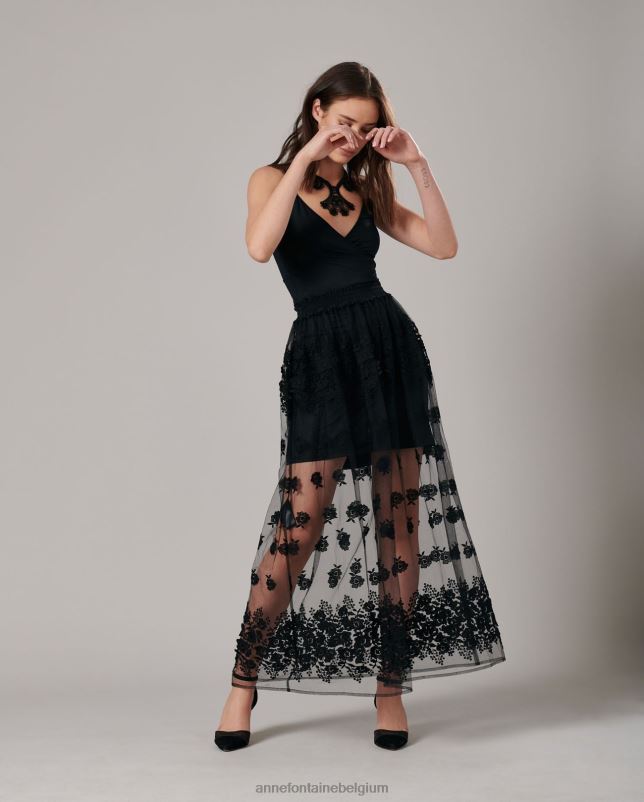 Anne Fontaine vrouwen paradis rok lange tule rokken met 3d bloemen kleding zwart 06TRT372