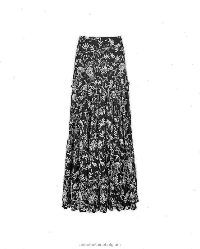 Anne Fontaine vrouwen romarin rok maxi rok met bloemenborduurmotief kleding zwart wit 06TRT390