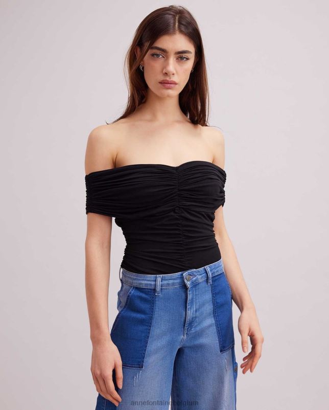 Anne Fontaine vrouwen Claudie top met ruches off-shoulder top kleding zwart 06TRT294