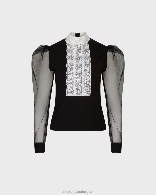 Anne Fontaine vrouwen Epopee-top met opstaande hals, middenvoor met lintappliqué en volumineuze doorzichtige mouwen kleding zwart 06TRT290
