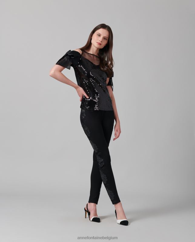 Anne Fontaine vrouwen Fasola top overhemd met pailletten, transparant schouderstuk en open schouder kleding zwart 06TRT283