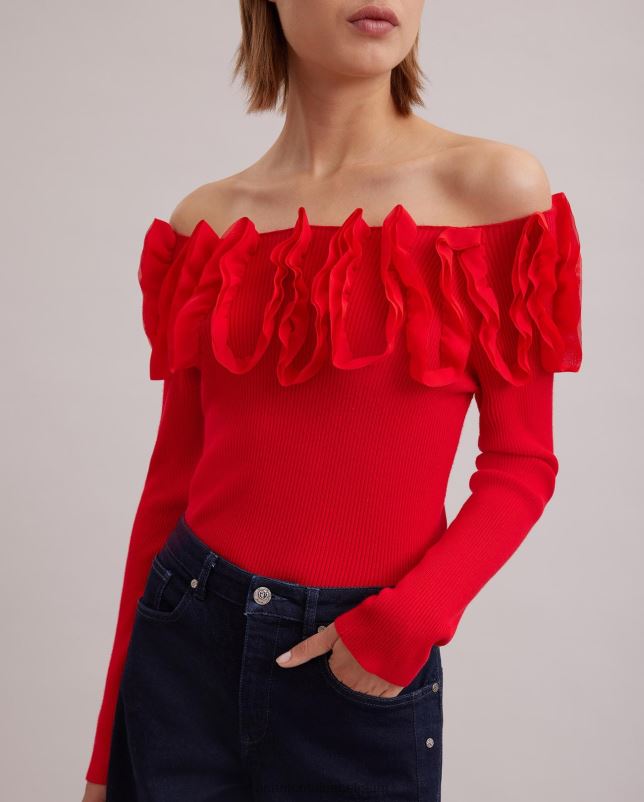 Anne Fontaine vrouwen Feda top gebreide trui met lange mouwen en versierde ruches kleding rood 06TRT280