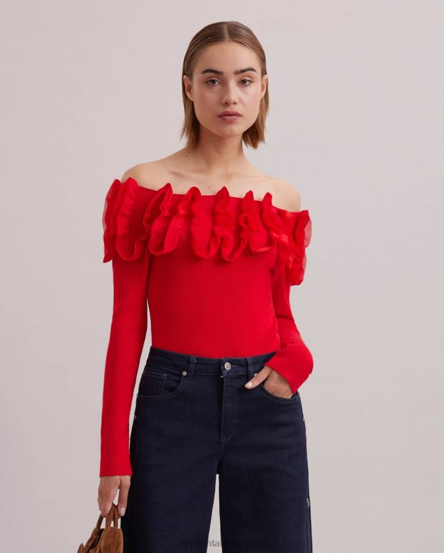 Anne Fontaine vrouwen Feda top gebreide trui met lange mouwen en versierde ruches kleding rood 06TRT280
