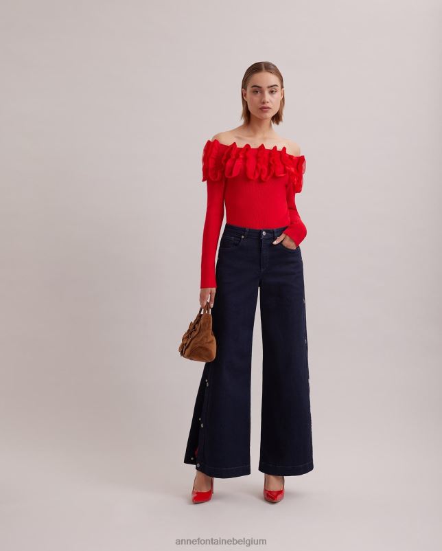 Anne Fontaine vrouwen Feda top gebreide trui met lange mouwen en versierde ruches kleding rood 06TRT280